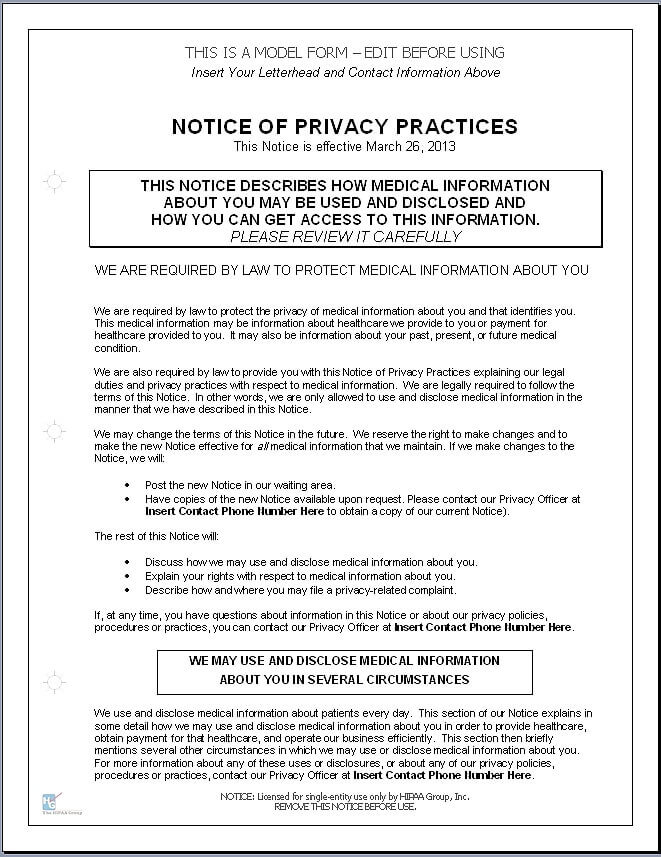 Notice of Privacy Practices Template The HIPAA Store